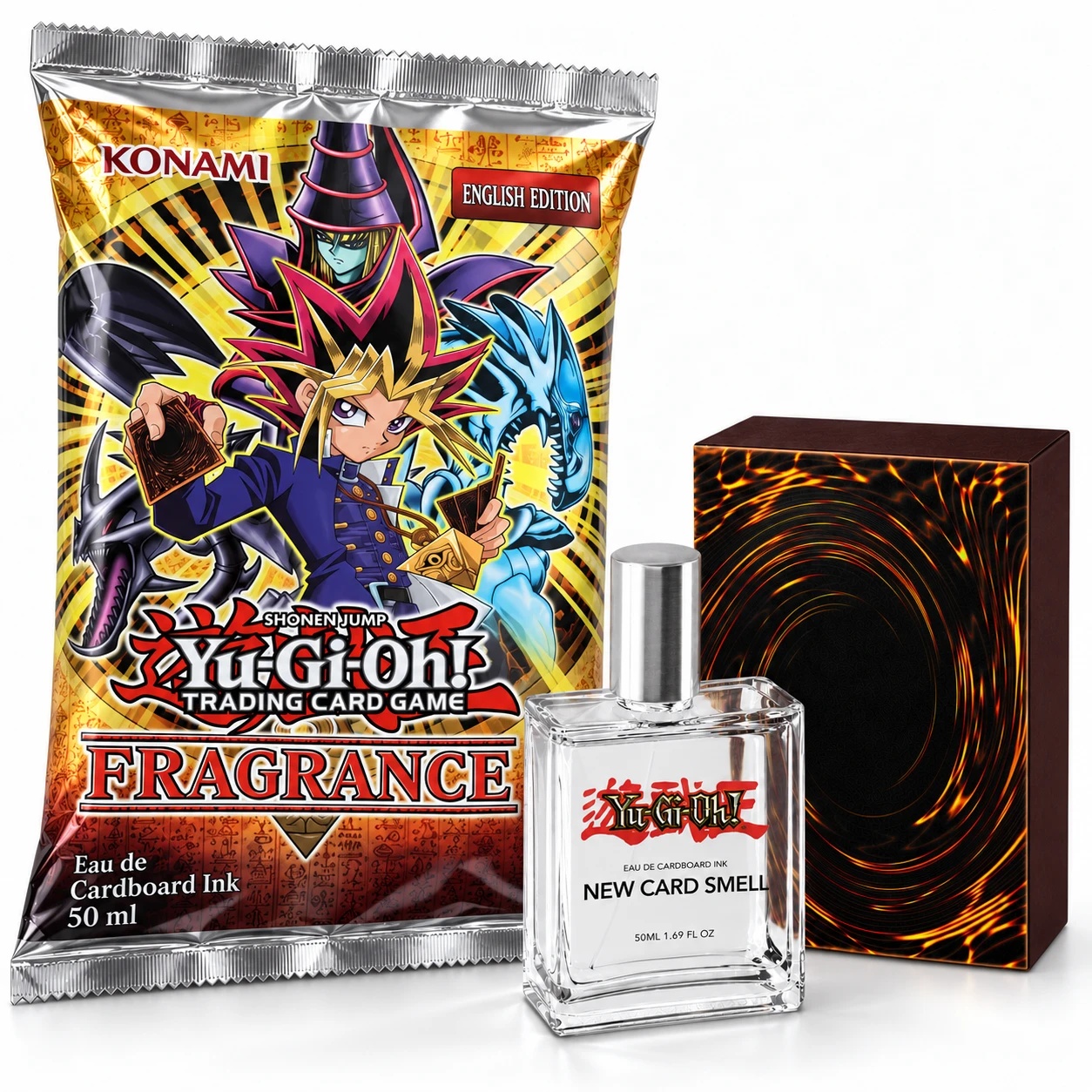 New Card Smell 50ml bottle with card-back box and Yu-Gi-Oh! fragrance booster pack